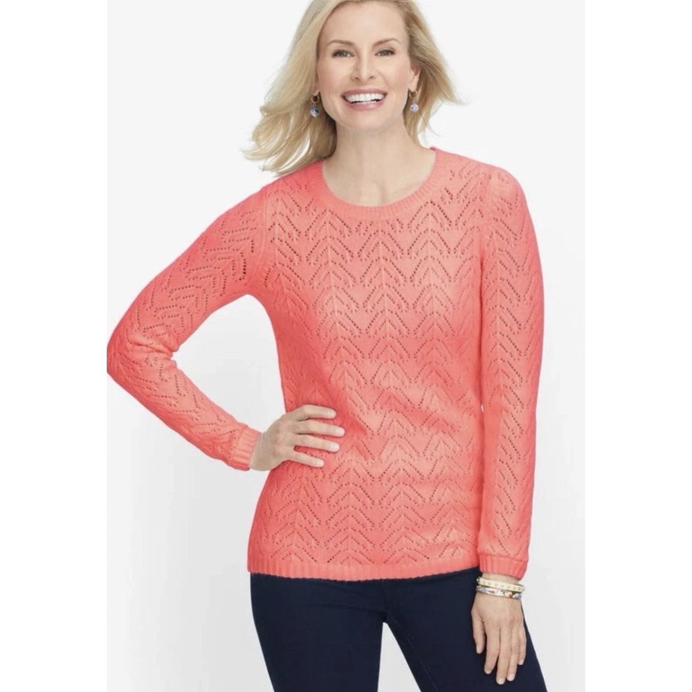 Talbots Women's Pointelle Crewneck Pink Knit Sweater Size XS Petite